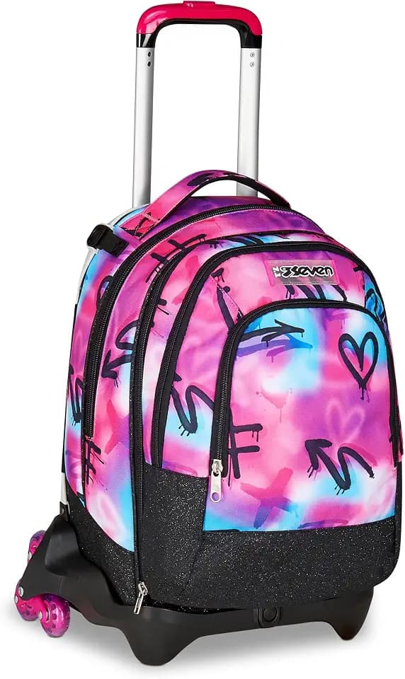 Seven Jack Detach Schulranzen mit Rollen, 37 Liter, Doppelfach, Schulrucksack mit Trinkflaschenfach, 3 in 1 multifunktional, versteckbare Schultergurte, Schule und Freizeit, Mädchen und Jungen, rosa