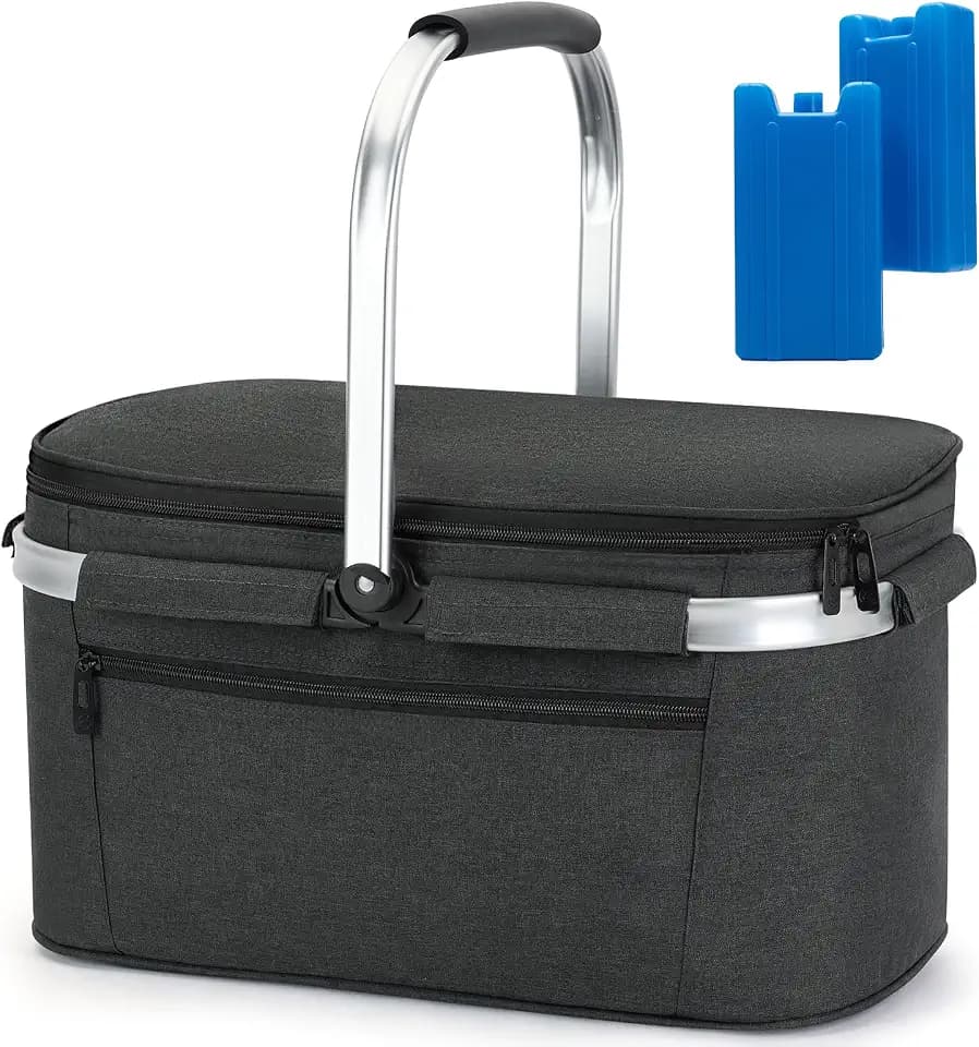 ALLCAMP Picnic Basket, 2 Ice Boxes, 32L Insulated Cooler Foldable, Thick