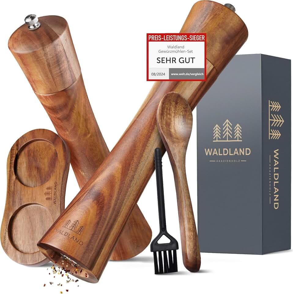 WALDLAND® Salz und Pfeffermühle aus Holz mit Untersetzer Gross (21 cm) | Gewürzmühlen mit hochleistungs - Keramikmahlwerk | Pfeffer und Salzmühle Set
