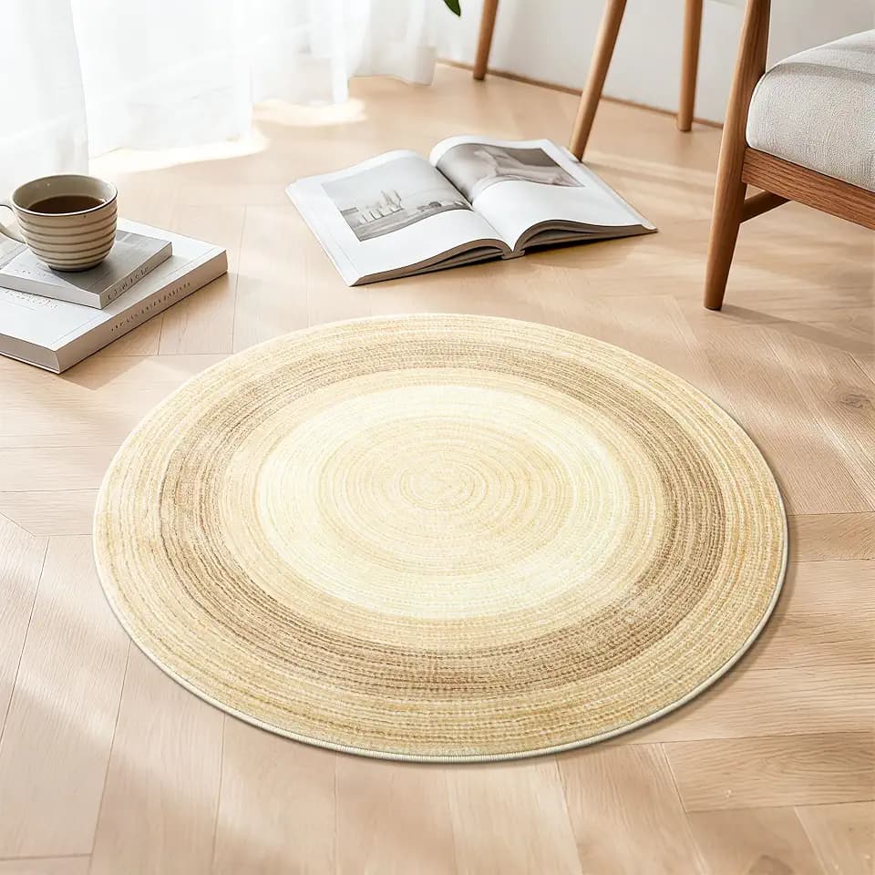 Asrug Imitation Jute Low Pile Round Rug Area Rug Washable Non-Slip Circle Rug Soft Plush Touch Circle Rugs Round for Kitchen Bathroom Living Bedroom Nursery, Carpet 2ft /24 inch/61 cm Brown/Beige
