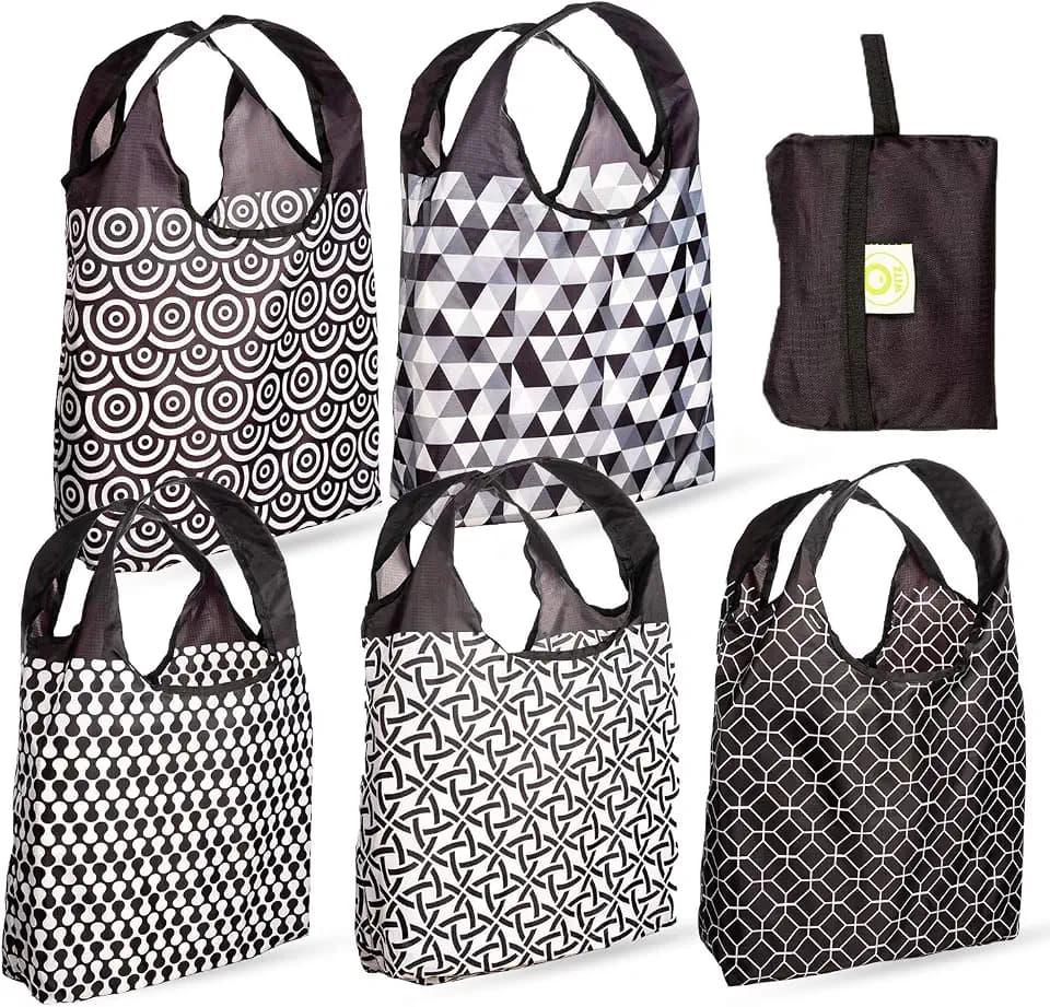 O-WITZ Reusable Grocery Bags | Vibrant Tote Bag For Groceries, Gym, Office, Beach & More | Washable Design With Large Handles For Maximum Convenience | Folds Into Small Pouch, 5 Pack, Black and White