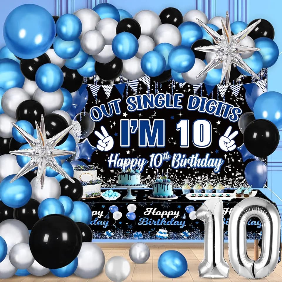 Navy Blue Black Out Single Digits Party Decor Happy 10th Birthday Decorations for Boys Blue Black Double Digits Birthday Banner Foil Balloon 10 Tablecloth 10 Years Old Bday Party Supplies