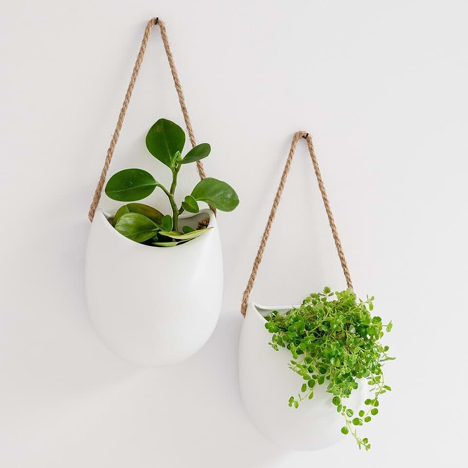 Kazai. Wandvasen -Ellie- | Hängende Keramik-Blumentöpfe 2-teilig | Wand-Deko für Zimmer, Balkon und Garten | Weiss (matt)