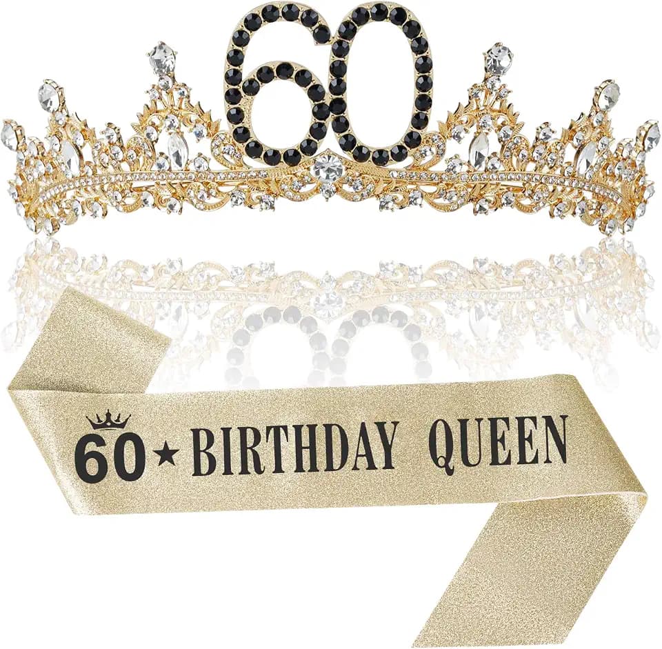 60th Birthday Crown and Sash for Women, 60th Birthday Decorations Gifts