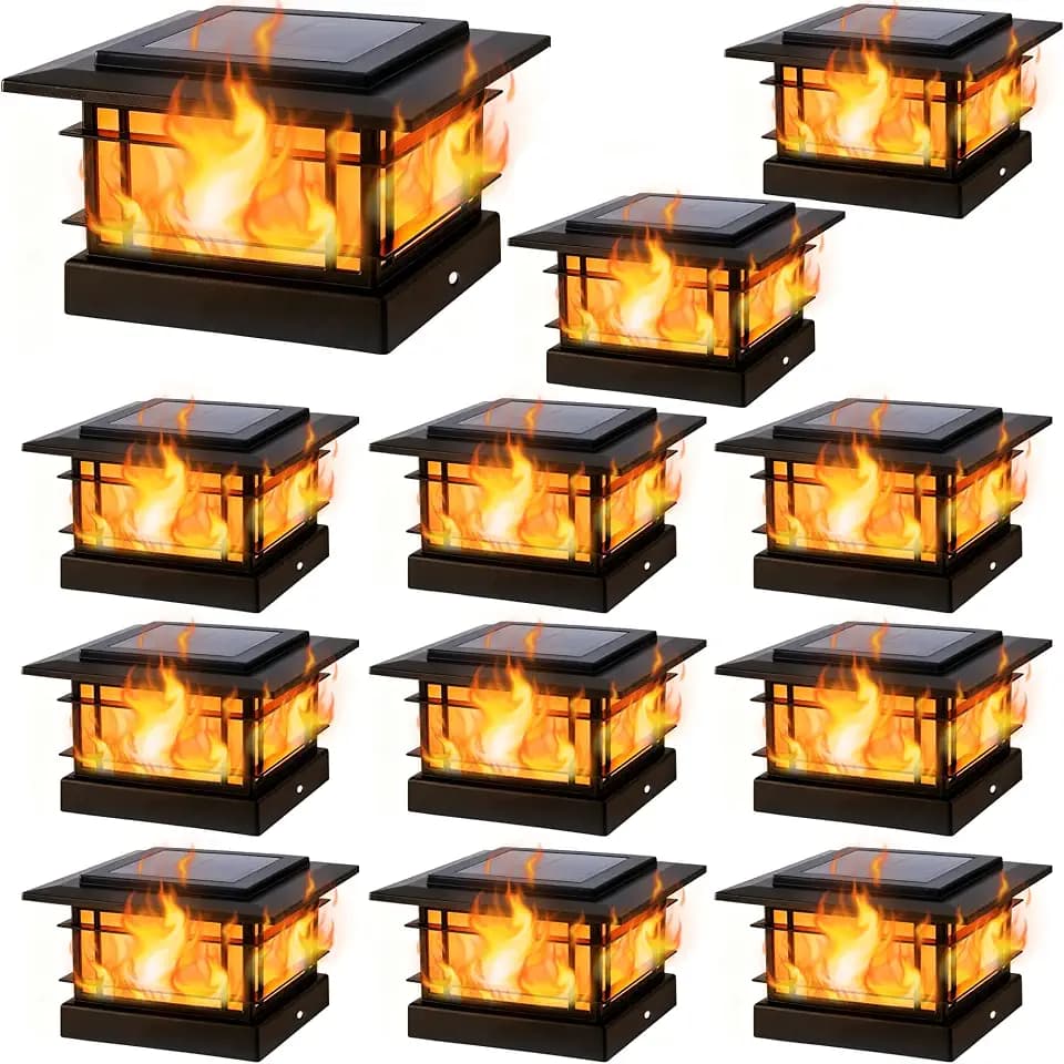 Dynaming 4x4 Solar Post Cap Lights Outdoor with Flickering Flame Light, 12 Pack Black Shell Fence Post Solar Lights Fit Vinyl/Wooden Posts, Brightness LED Lighting Decor for Garden Deck Patio