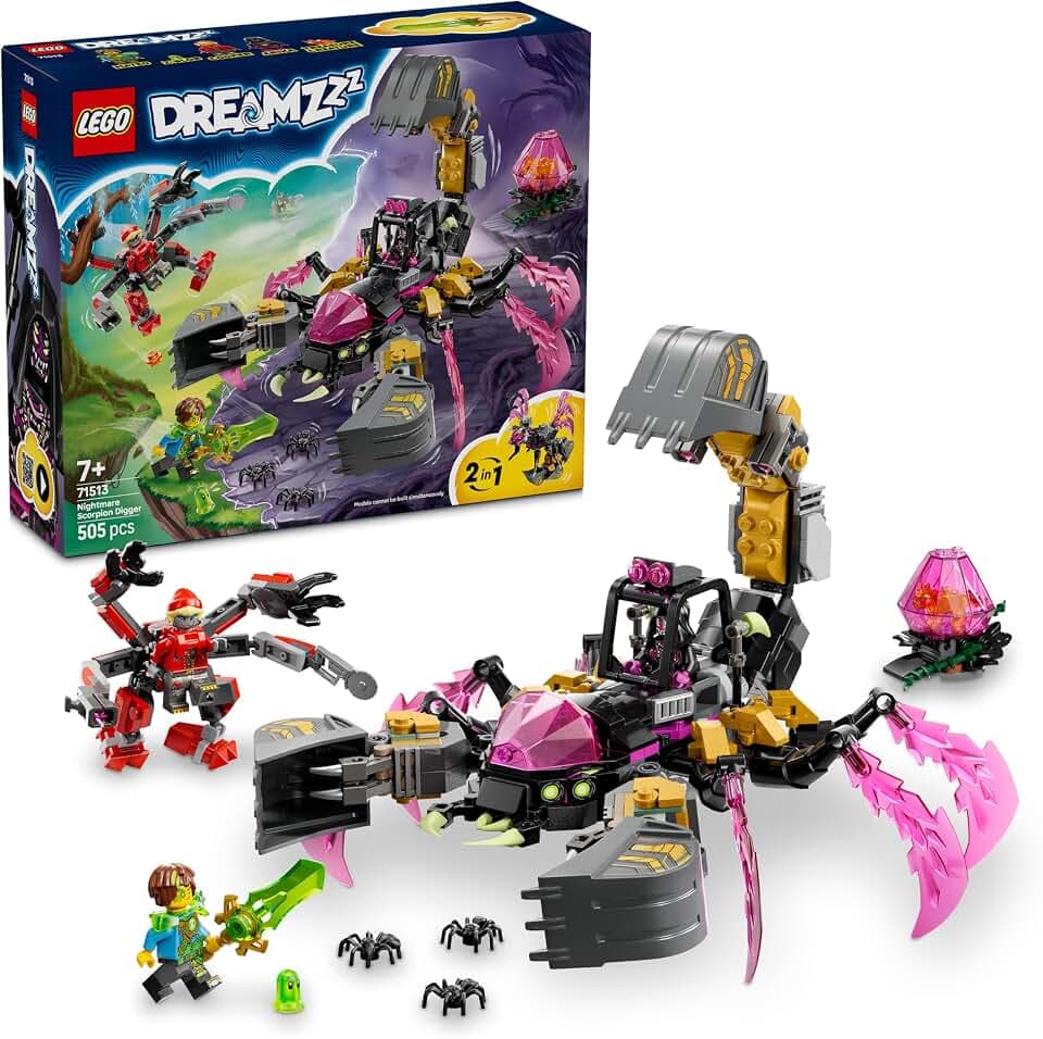LEGO DREAMZzz 2in1 Albtraum-Skorpionbagger - Spielzeug in Wespenfigur verwandelbar - inkl. 3 Minifiguren und Einer sammelbaren orangefarbenen Schatz-Kreatur - Geschenk für Jungen ab 7 Jahren - 71513