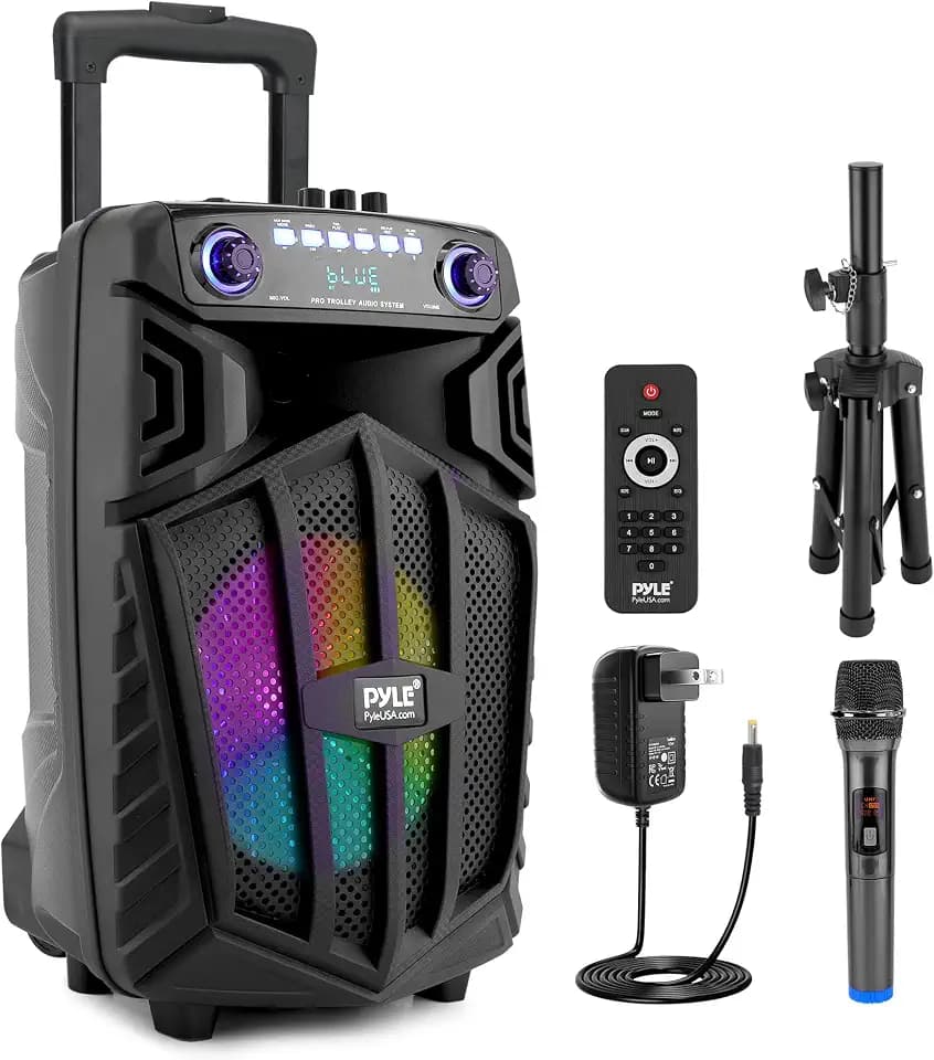 Pyle 880W Portable Bluetooth PA Speaker - 12" Rechargeable Outdoor Karaoke Party Speaker, Audio System w/Wireless Mic and Wheels, TWS, Party Lights, LED Display, 6.5mm Mic Input, FM/AUX/MP3/USB/SD