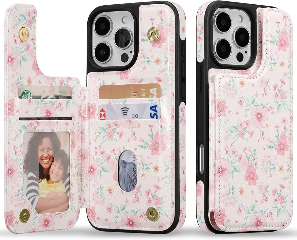 ZCDAYE Wallet Case with Card Holder for iPhone 15 Pro Max, Pink Flower
