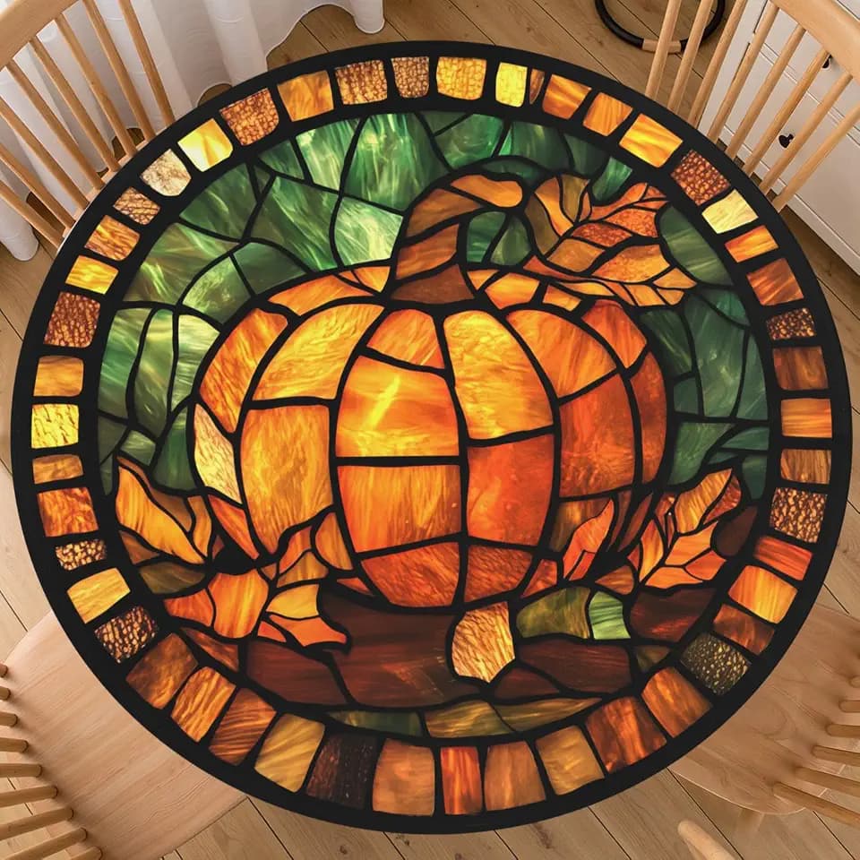 Fall Pumpkin Stained Glass Round Fitted Tablecloth with Elastic Edge Abstract Maple Leaf Thanksgiving Waterproof Table Cover for 40"-44" Autumn Orange Vintage Kitchen Picnic Party Outdoor Home Decor.