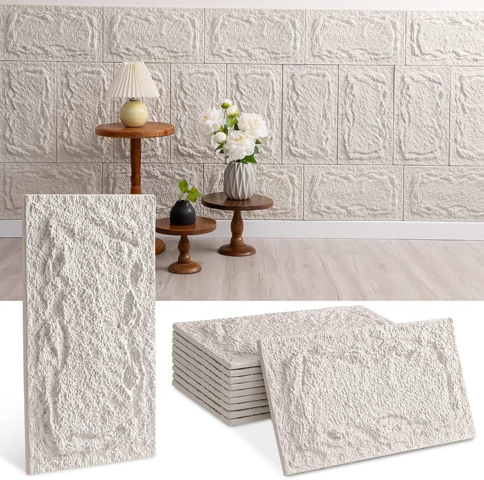 10 Stück 3D Wandpaneel Steinoptik, 45 x 25cm Wandverkleidung Steinoptik, 2cm Dick Wandpaneele Deckenverkleidung, 3D Wall Panel für Innen und Außen Wanddekoration (Weiß)