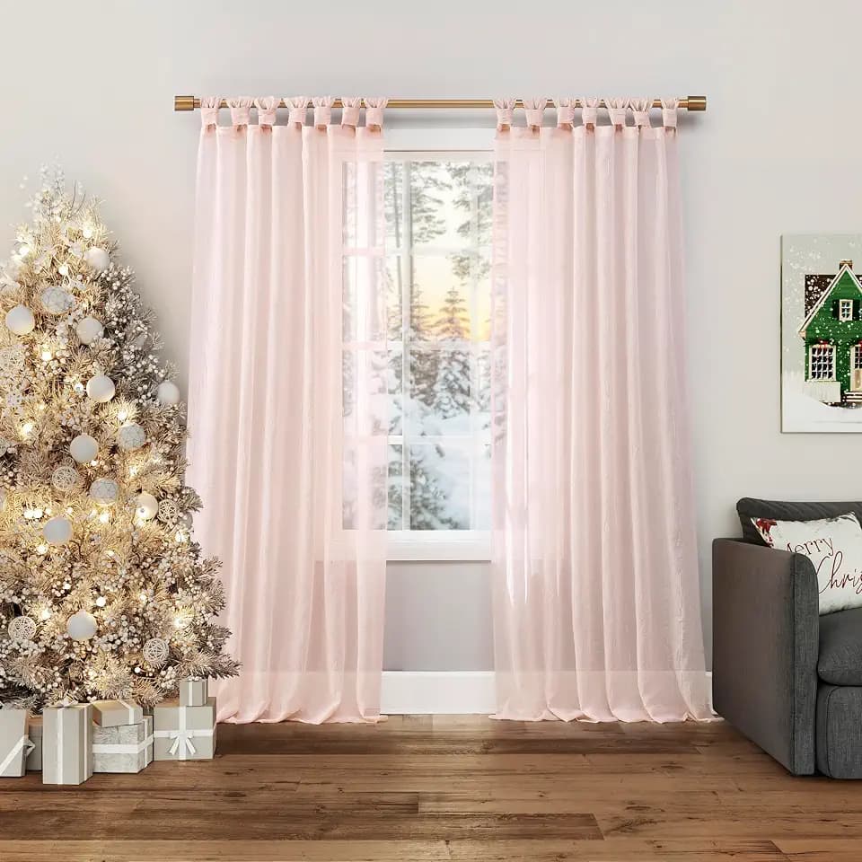 No. 918 Margaret 2-Pack Holiday Twist Tab Crushed Texture Sheer Tab Top Curtain Panel Pair, 51" x 84", Blush