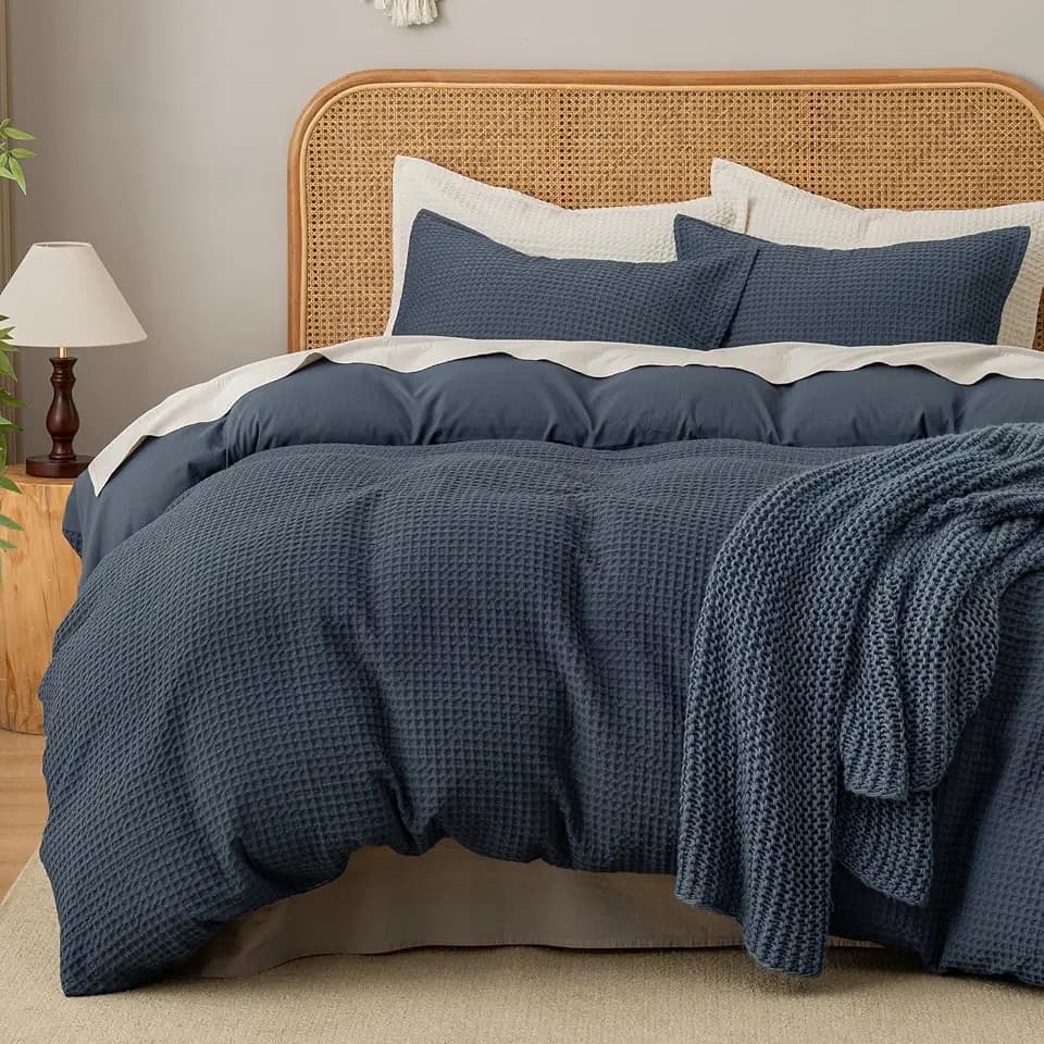 David's Home Textured Waffle Weave Duvet Cover Set, Twin Size, Indigo