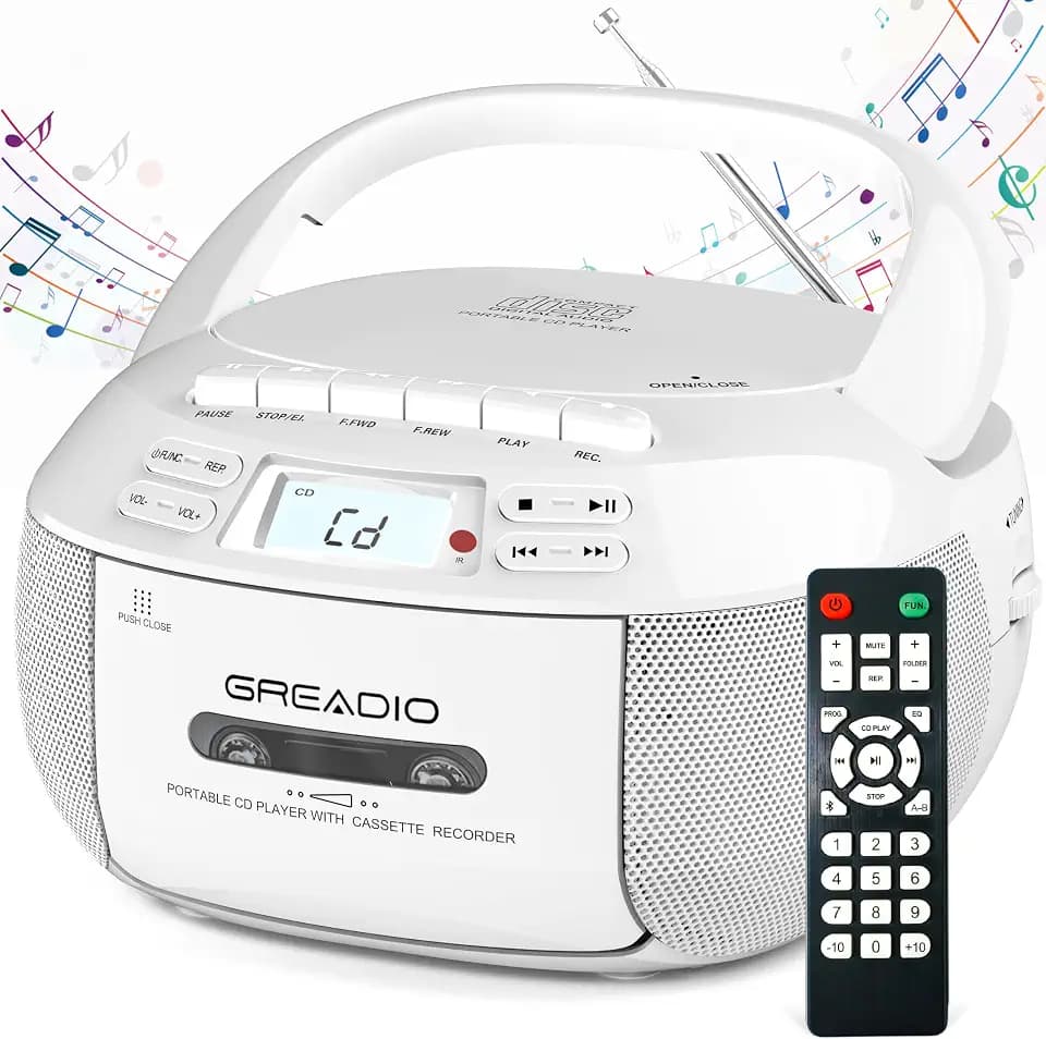 Greadio CD Player Boombox Cassette Player Combo with Bluetooth, AM/FM Radio