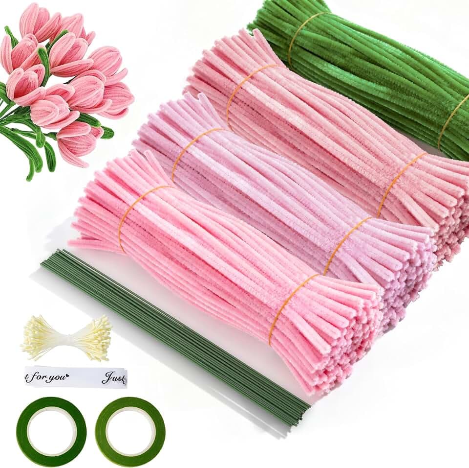 Pfeifenreiniger Blumen Set, 400 Stück Pfeifenputzer zum Basteln, Geschenkband und Klebeband – Ideal für DIY-Projekte wie Trockenblumen, Diamond Painting und Blumendeko (Rosa)