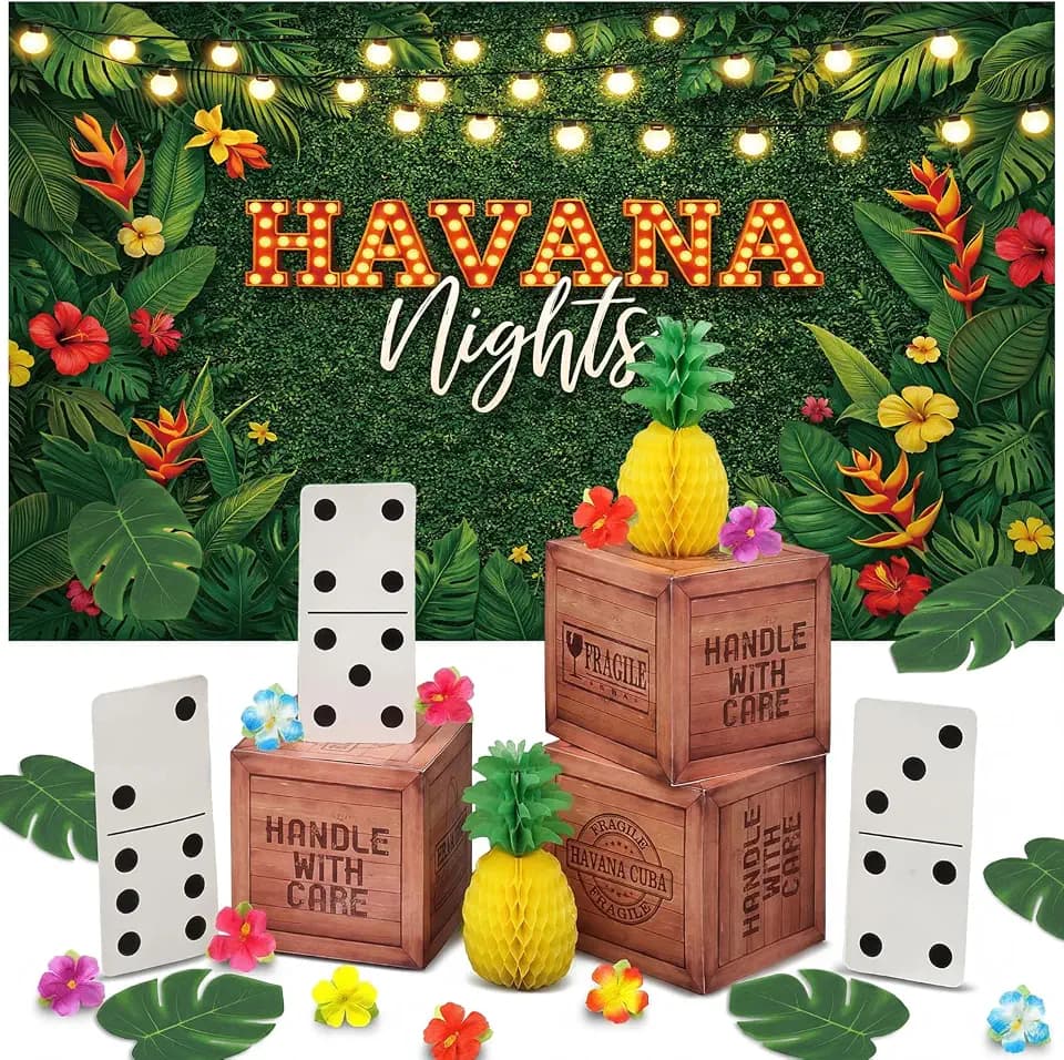 Ceenna 21 Pcs Havana Night Party Decorations Cuban Party Decorations Havana Nights Backdrop Vintage Paper Boxes Dominoes Tropical Palm Leaves Hibiscus Flowers Pineapples for Cuban Birthday Supplies