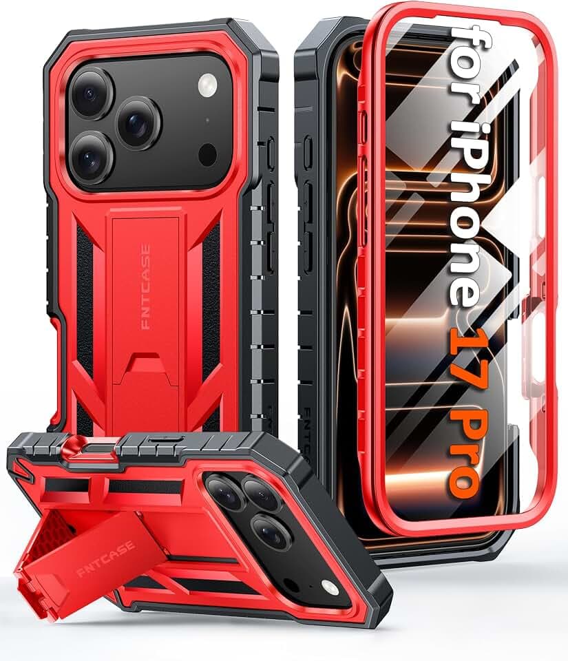 FNTCASE for iPhone 17 Pro Case with Built-in Screen Protector and Kickstand