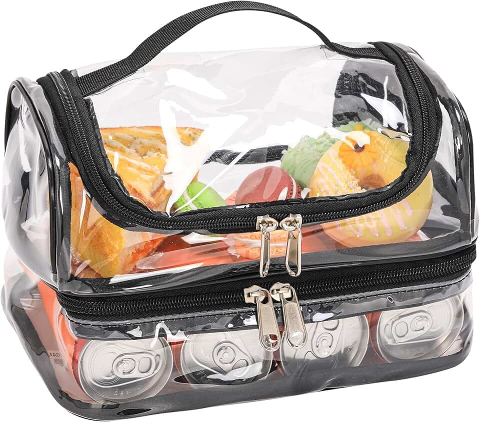 BORMELUN Clear Lunch Bag for work Transparent See Through Lunch Box for Kids,Double tote Black Stadium Approved