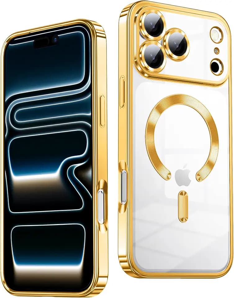 TOBOVON Slim Thin for iPhone 17 Pro Case Clear, Compatible with MagSafe, Built-in Camera Lens Protector, Shockproof Protective Phone Case, Soft Electroplated Magnetic Cover, Gold