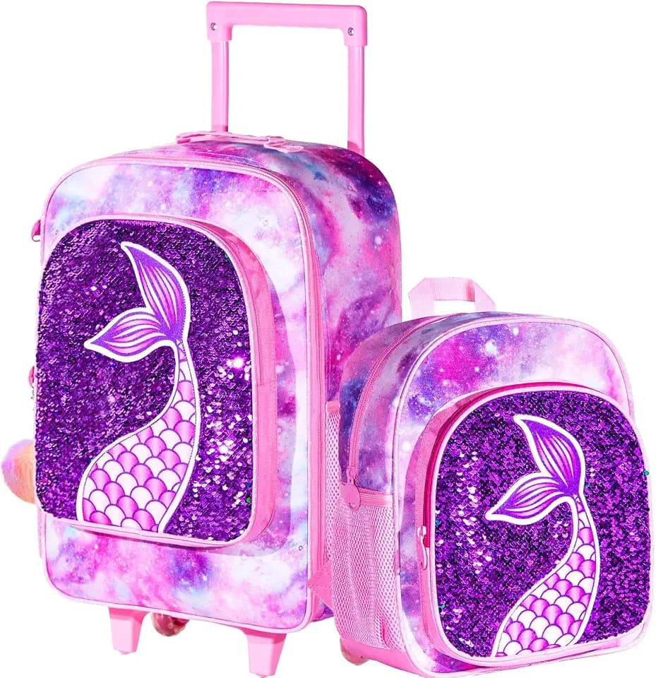 AGSDON 2PCS Kids Luggage, Suitcases for Girls, Carry on Rolling Luggage with Wheels, 18" Toddler Suitcase Set 12" with Sequin Backpack - Pink Mermaid