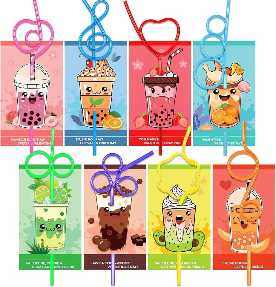 WEMEMORN 32 Pack Valentine's Day Cards for Kids with Crazy Loop Straws Bulk Toys, 8 Styles Valentines Greeting Cards for Boys Girls, Valentine's Prizes Party Favor School Classroom Gifts Exchange