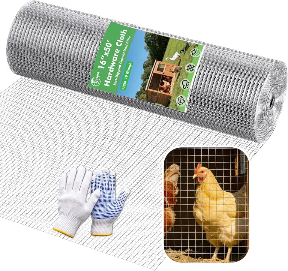 Hardware Cloth 16" x 50ft 19 Gauge, 1/2" Chicken Wire Fencing Galvanized Rust-Resistant, Wire Mesh, Poultry Animal Netting for Chicken Coops, Protective Barriers, Garden Fencing (Gloves Included)