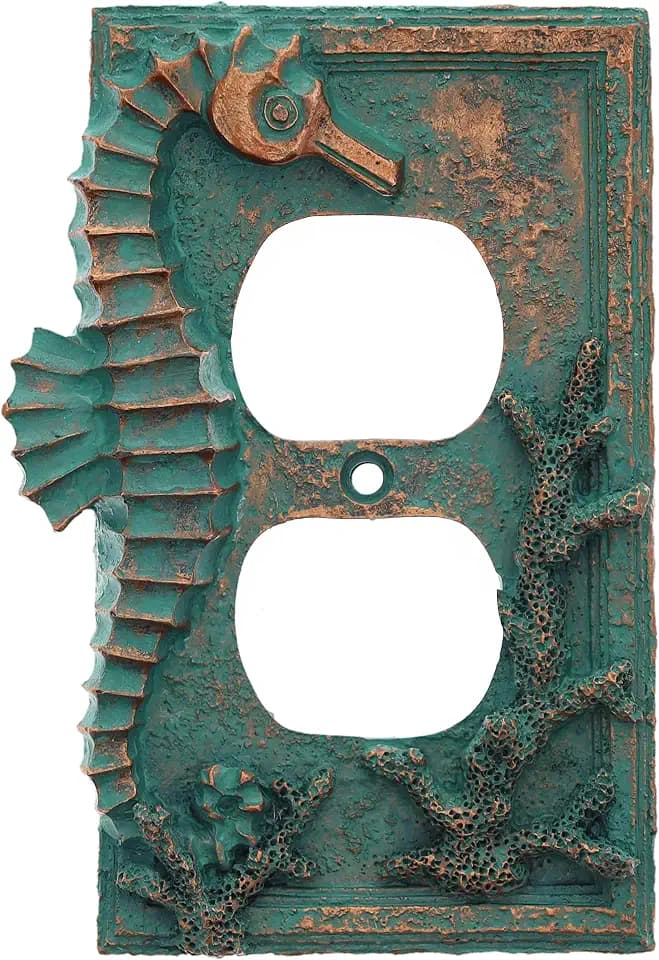 Top Brass Seahorse Nautical Beach Art Decor - Electrical Cover Wall Plate Bronze/Verdigris Finish - Single Switch, Double, Rocker, Outlet (Outlet)