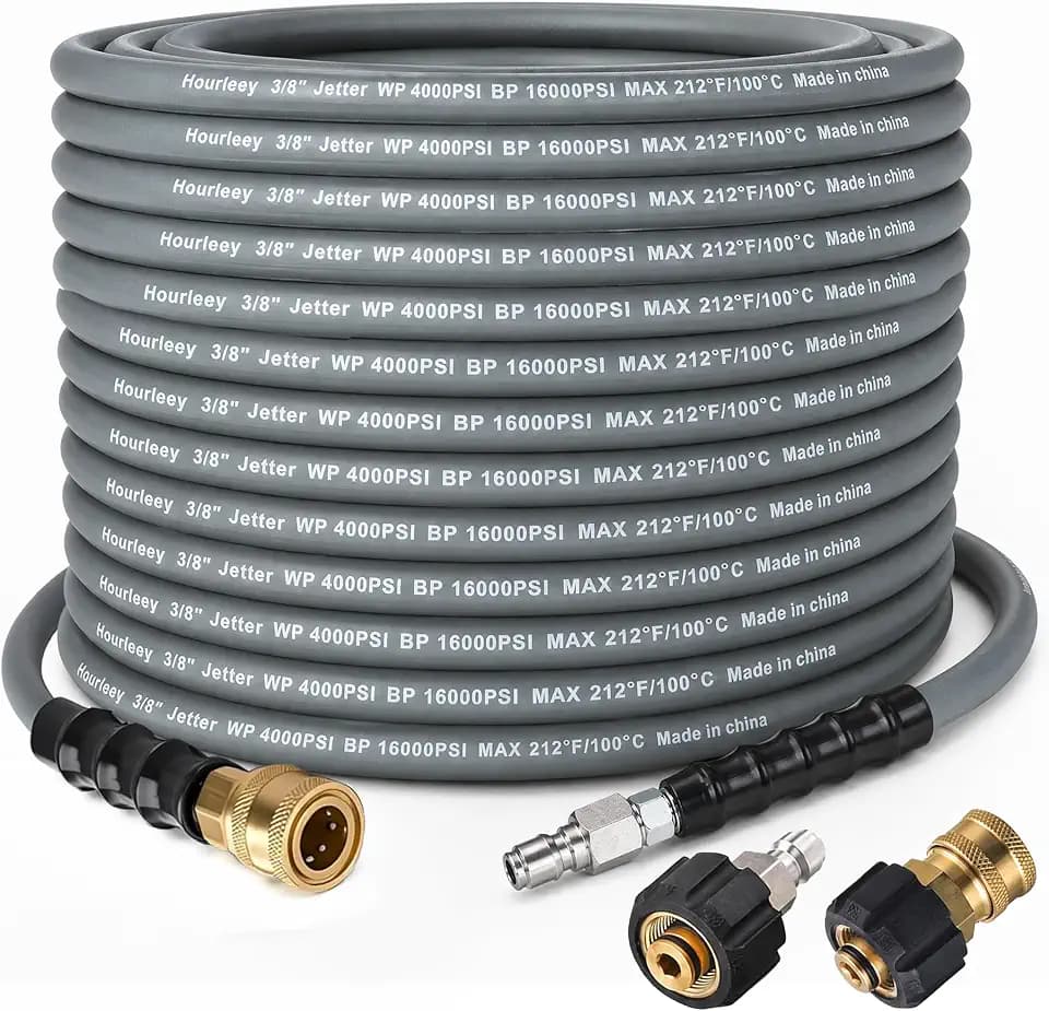 Hourleey Pressure Washer Hose 50FT, Kink Resistant High Tensile Wire Power Washer Hose, Rubber Wire Braided with 3/8" Quick Connect for Hot/Cold Water, 4000 PSI, Gray