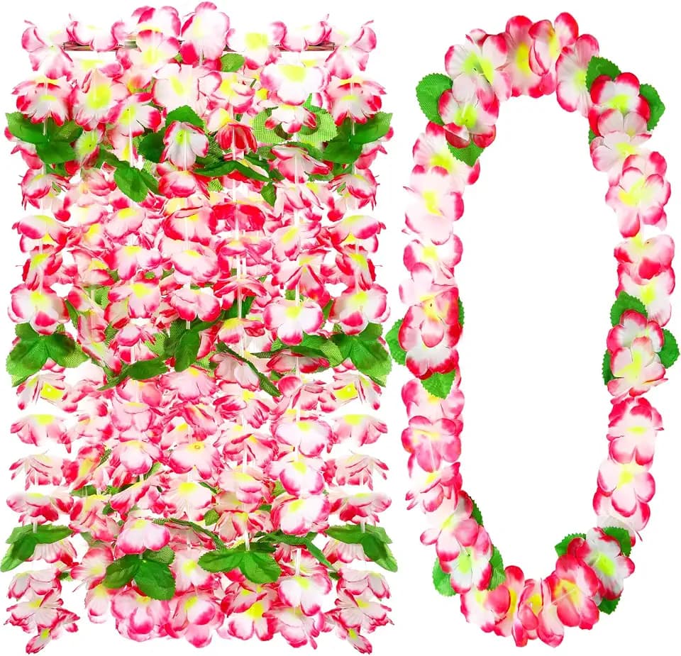 Hoteam 24 Pcs Pink White Hawaiian Leis Bulk Luau Party Tropical Necklace