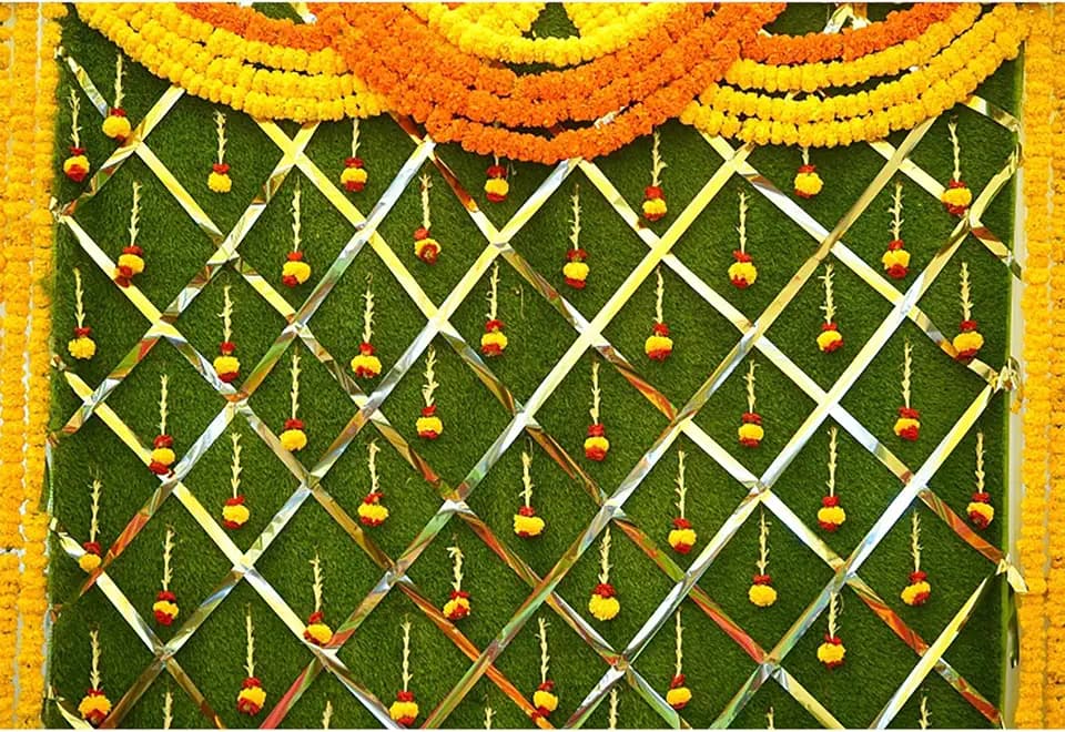 8x6.5ft India Pooja Photography Backdrop Yellow Flower Green Flower Wall Hindu Photography Background Indian Wedding Puja Ganpati Pooja Traditional Mehndi Festival for Kids Adult Studio Video