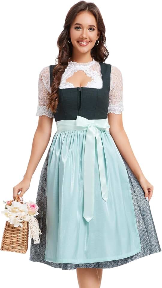 YesFashion Dirndl Damen Midi Trachtenkleid Jacquar Trachtenmode Dirndlkleid inkl. Dirndlbluse Dirndlschürze 3 teilig für Oktoberfest Besondere Anlässe