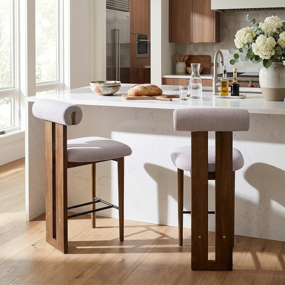 Merax Bar Stools Set of 2, Mid Century Upholstered Counter Height Chair in Rubber Wood Frame with Split-Back, 25.5 Inch Seat Height Barstools for Kitchen Islands Dining Room, Ivory+ Dark Walnut