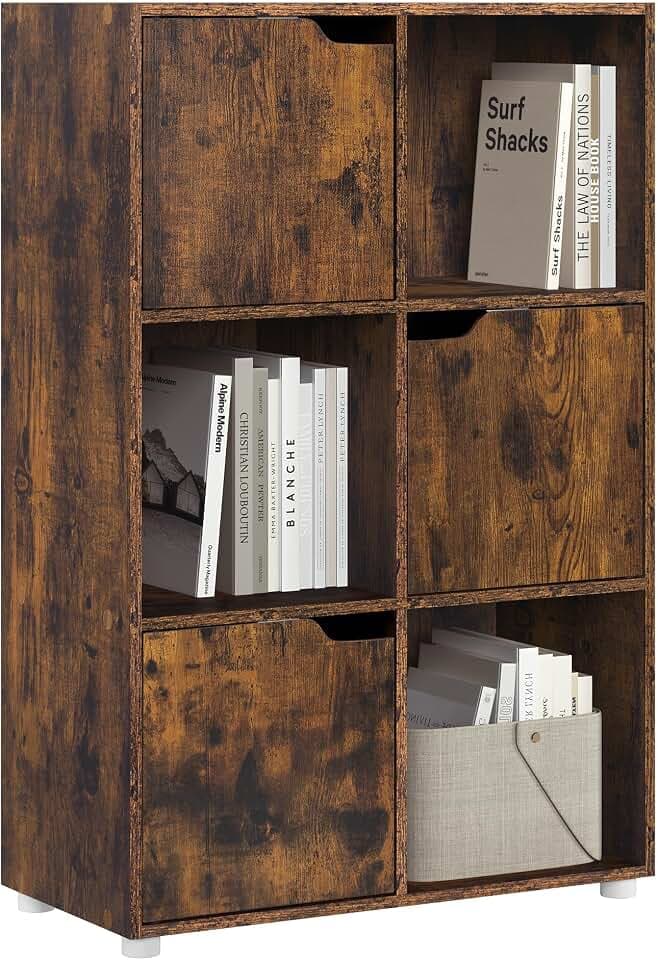 WOLTU Bücherregal, Bücherschrank mit 3 Türen und 6 Fächer, Rustikales Braun
