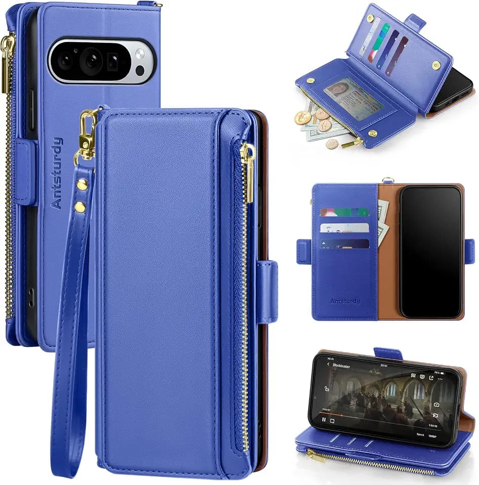 Antsturdy Compatible with Google Pixel 10/ Pixel 10 Pro Wallet Case with Card Holder Women Men Phone Case RFID Blocking PU Leather Flip Protective Cover Wrist Strap Zipper Credit Card Slots,PurpleBlue