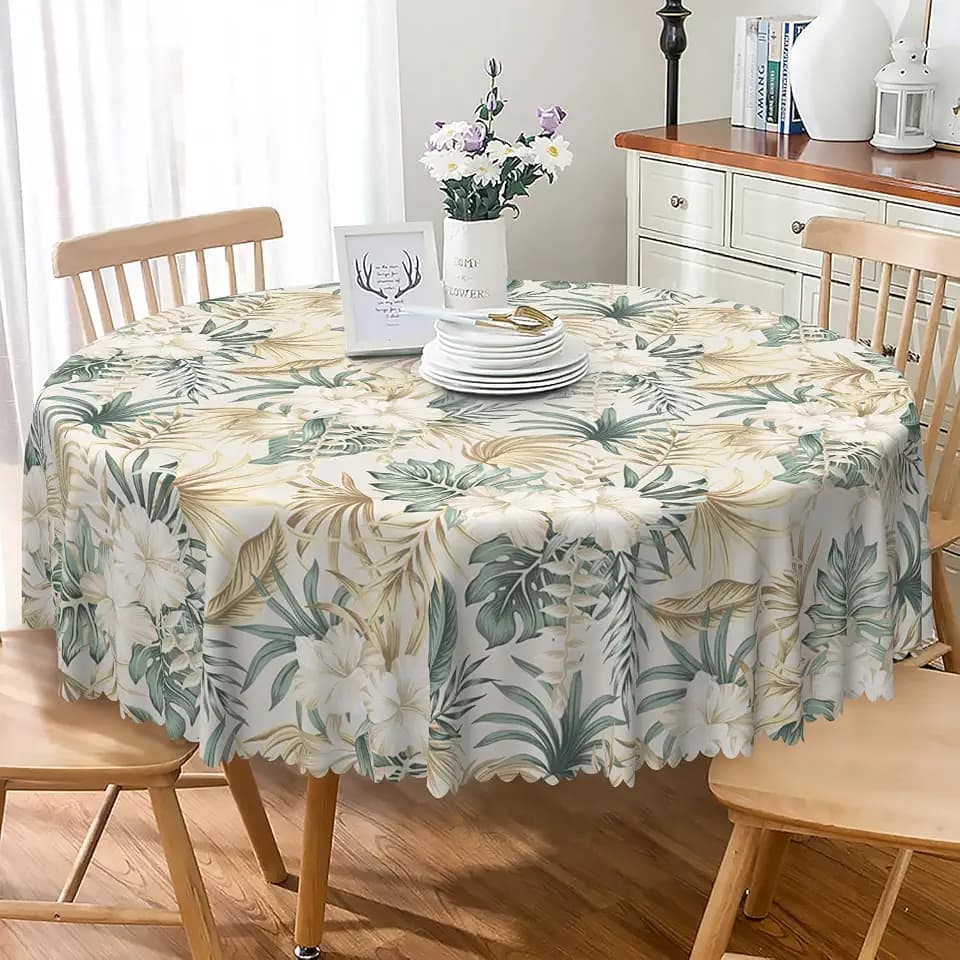Tropical Plant Flower Round Tablecloth 54 Inch Vintage Sage Green Gold Palm Leaves Floral Table Cloth Waterproof and Wrinkle Free Table Cover for Dining Room Kitchen Indoor Outdoor Party Decor