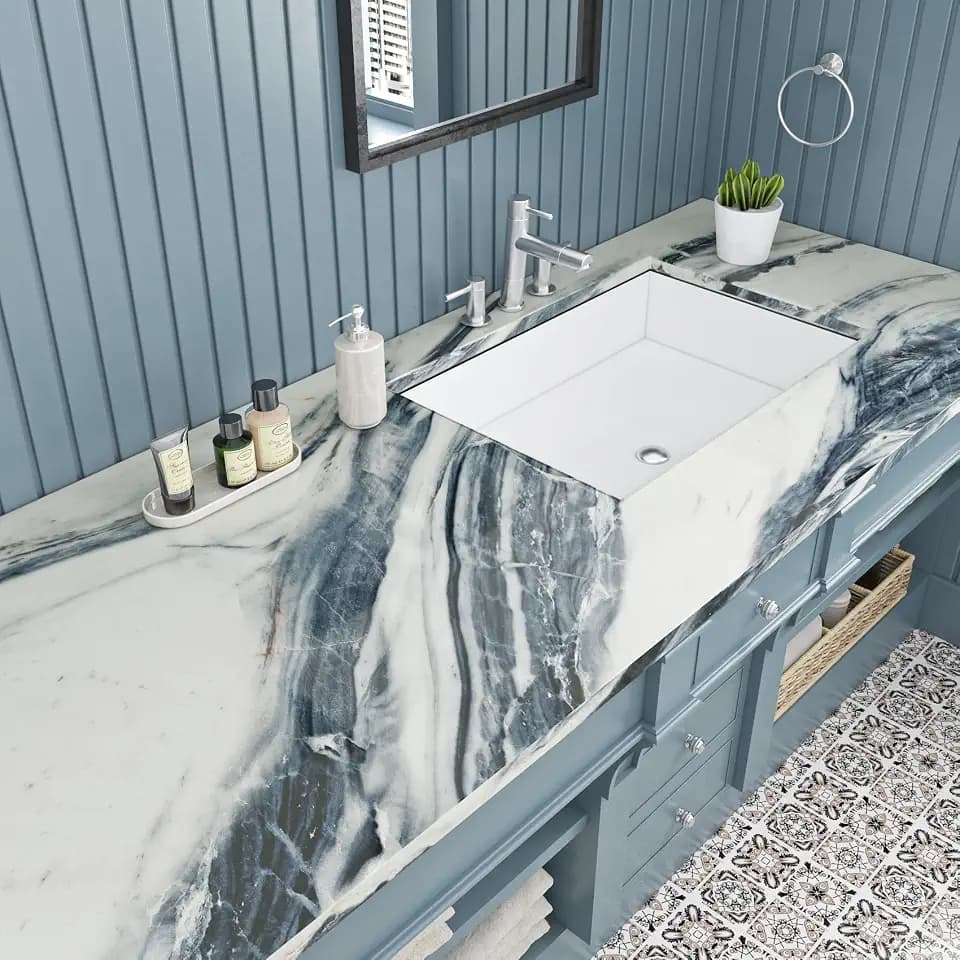 Livelynine 15.8x392 Blue White Marble Countertop Contact Paper Waterproof Wallpaper Kitchen Counter Top Peel and Stick Table Cover Renter Friendly Vinyl Wrap for Countertops Dresser Laminate Sheets