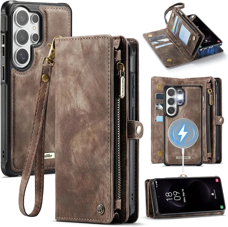 for Samsung S26 Ultra Case, Shockproof Card Holder Flip Magnetic Detachable Zipper Slots Wallet Cover for Samsung Galaxy S26 Ultra 5G, Anti-Scratch Leather TPU Bumper Luxury Holster, Brown