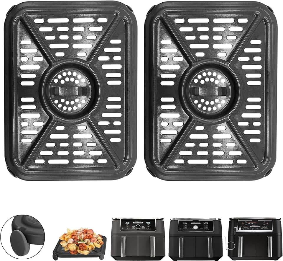 Air Fryer Grill Pan for Ninja Foodi DZ401 DZ550 DZ302 10 Quart DualZone Air Fryers, Air Fryer Replacement Parts Crisper Plate Grill Plate Tray Rack Accessories with Rubber Bumpers, Dishwasher Safe