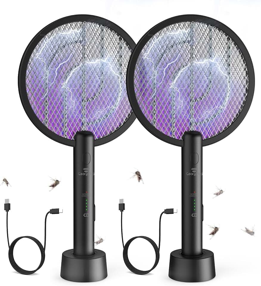 2er Elektrische Fliegenklatschen Schwarz 4000V, Elektrische Mückenklatschen 2in1 Mückenlampe, UV Elektrischer Fliegenfänger Insektenfalle mit Ladestation, USB Aufladbar, Insektenvernichter Innen Außen