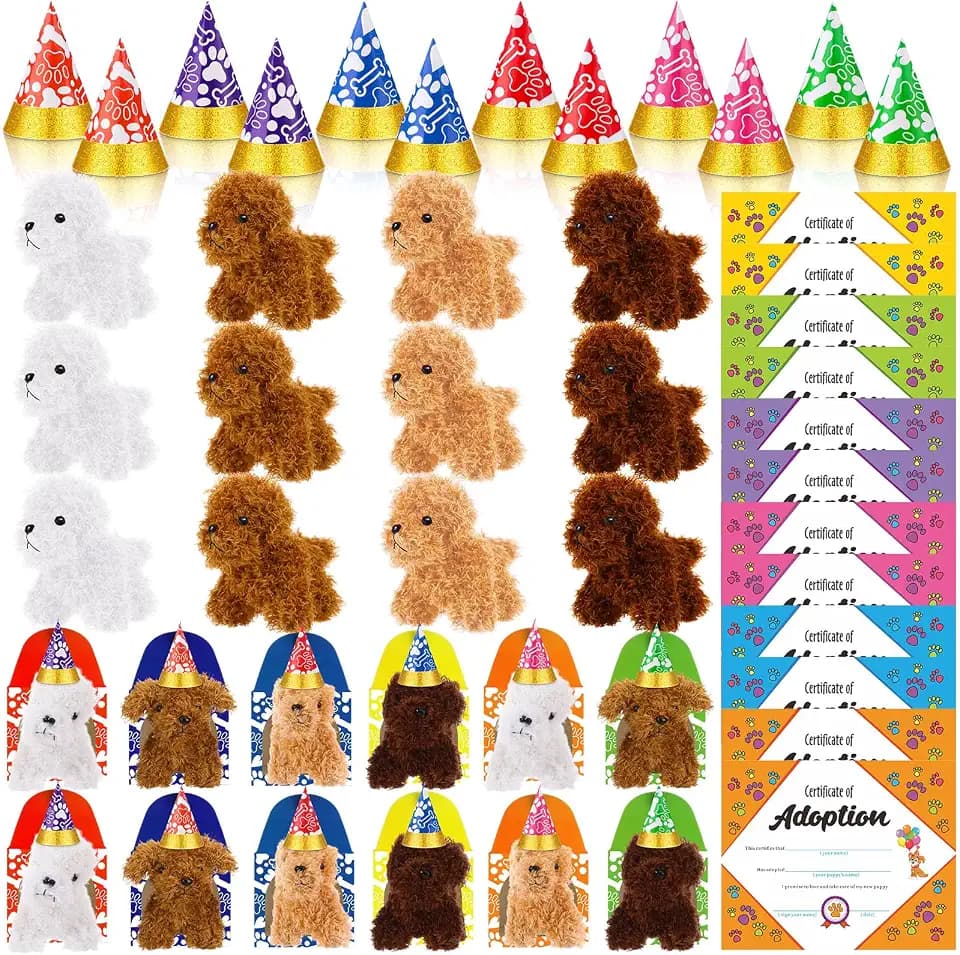 Gejoy 48 Pcs Adopt a Puppy Party Favors for Kids Puppy Themed Birthday Party Supplies Plush Dogs with Hats Adoption Certificates Boxes for Adopt a Pet Theme Boys Girls Birthday Parties(Curly)