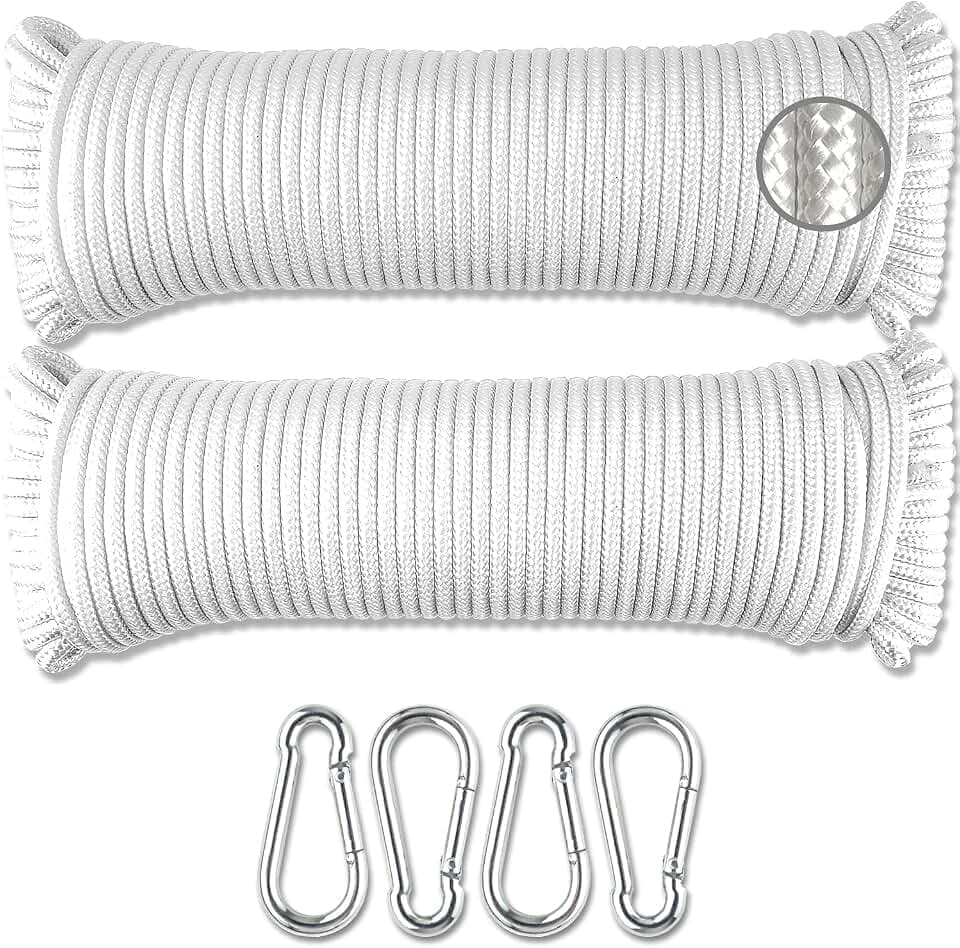 Wellmax Diamond Braided Polypropylene Rope with Uv Treatment and Weather Resistant, 2 Pack 3/16 Inch X 100ft White with 4 Bonus Spring Links