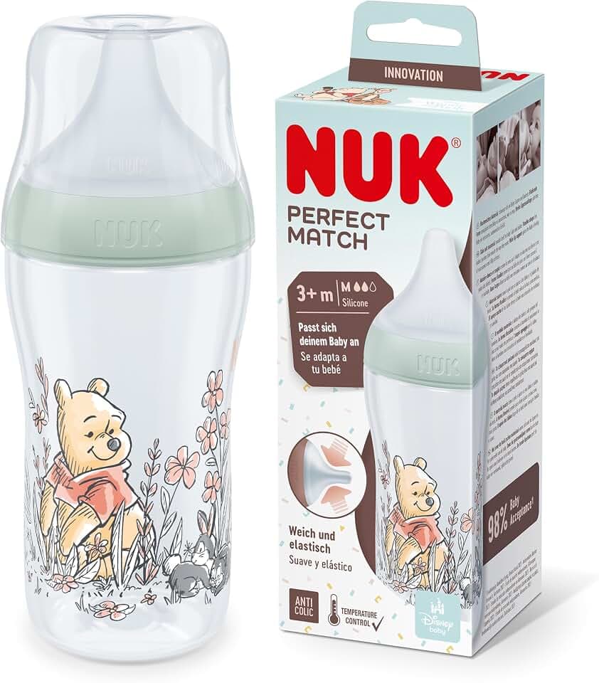 NUK Perfect Match Babyflasche | Ab 3 Monate | Passt sich dem Baby an | Temperature Control | Anti-Colic | 260 ml | Silikontrinksauger, Medium | Disneys Winnie Puuh
