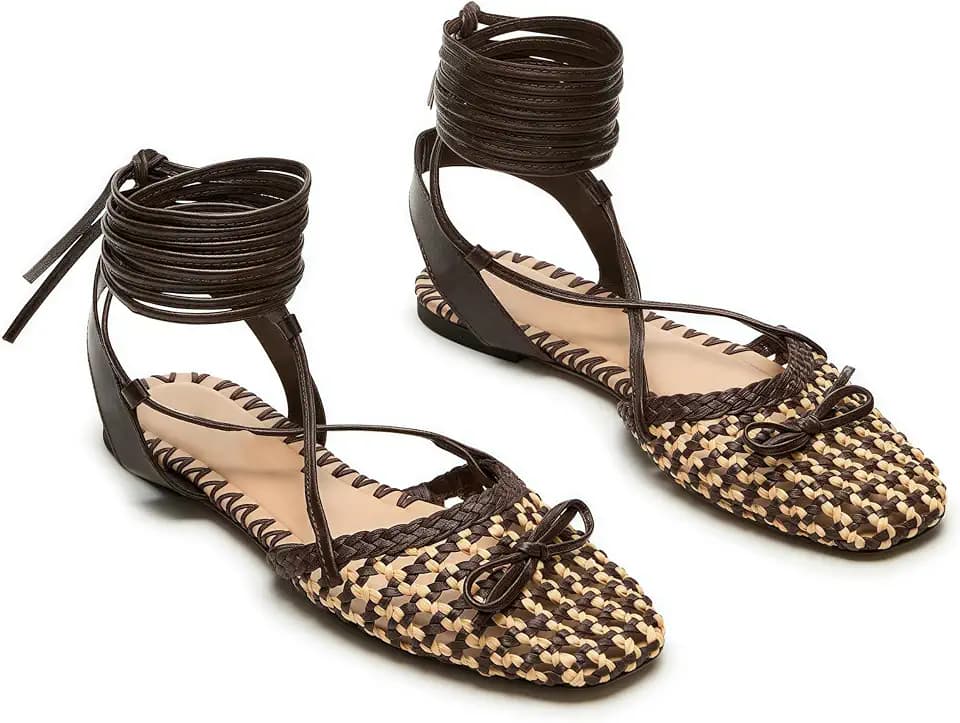 Woven Ballet Flats for Women Lace Up Closed Square Toe Summer Sandals Dressy Shoes