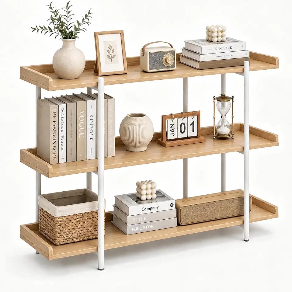 3-Tier Industrial Bookshelf with Raised Edge Guards, 6-Leg Storage Shelf