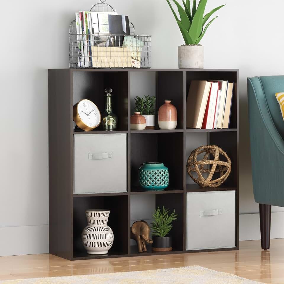Whitmor 9 Cube Storage Organizer, 3 Tier Stackable MDF Wood Bookcase, Open Storage Display Bookshelf, Storage Cabinet for Living Room, Bedroom, Home, Office, 35.5" L x 11.7" W x 35.5" H, Espresso