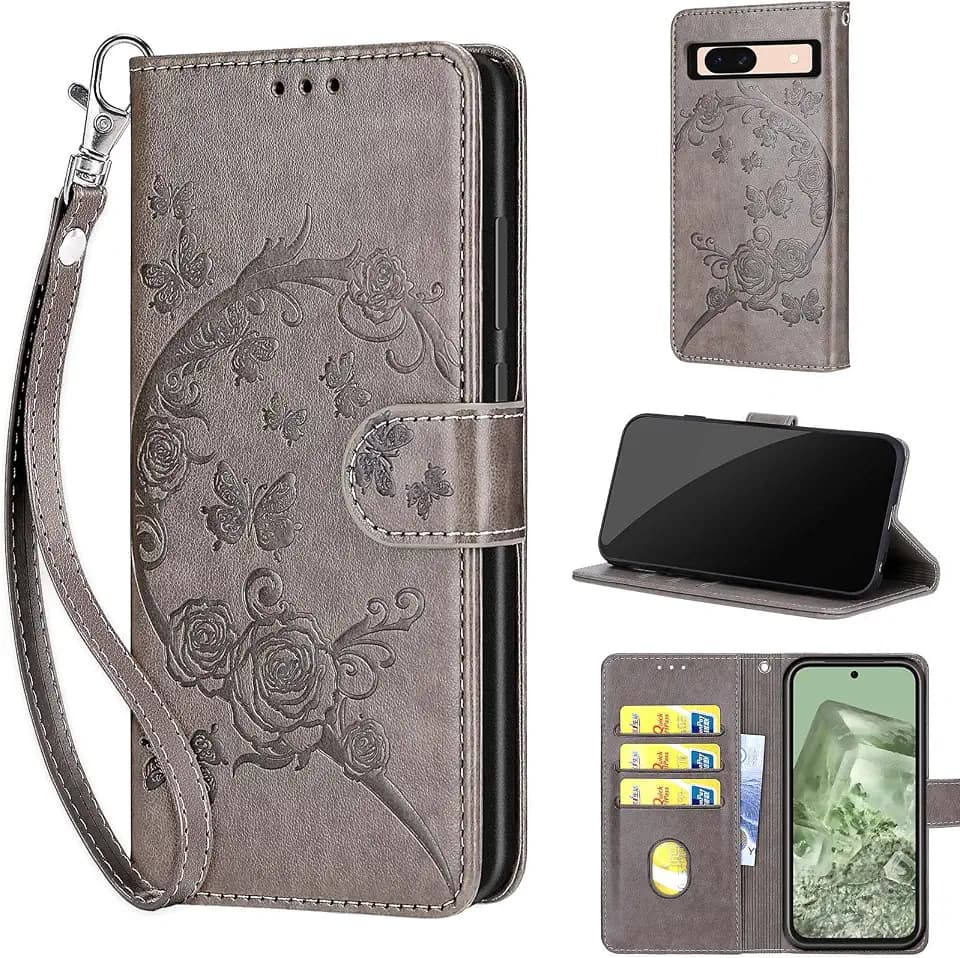 Wallet Case for Google Pixel 8A, Gray Flower