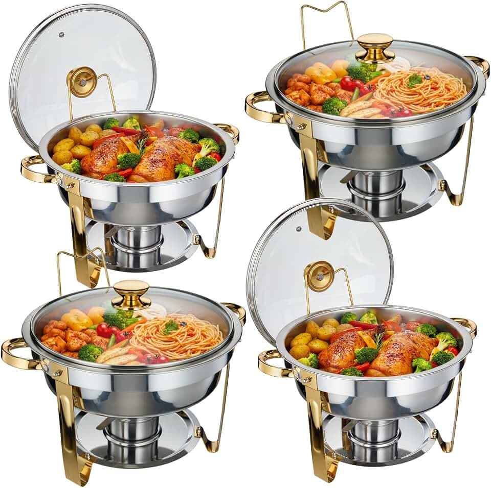 Garvee Round Chafing Dish Set of 4, 5 QT, Stainless Steel Buffet Server Food Warmer with Transparent Lid & Fuel Holder, Round Chafer for Party Wedding Restaurant, Gold