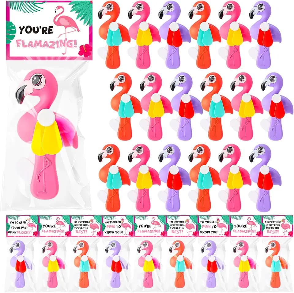 24 Pack Mini Handheld Fans with Cards, Press Cooling Fan,Flamingo