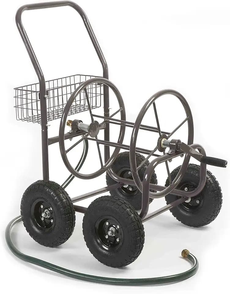 Liberty Garden Residential Grade Four Wheel 250 Foot Capacity Steel Frame Water Hose Reel Cart with Basket for Backyard, Garden, or Home, Brown, Bronze