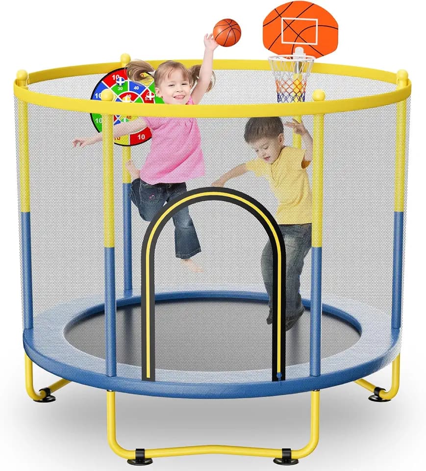 6FT Trampoline with Safety Enclosure Net, Basketball Hoop & Dart Board