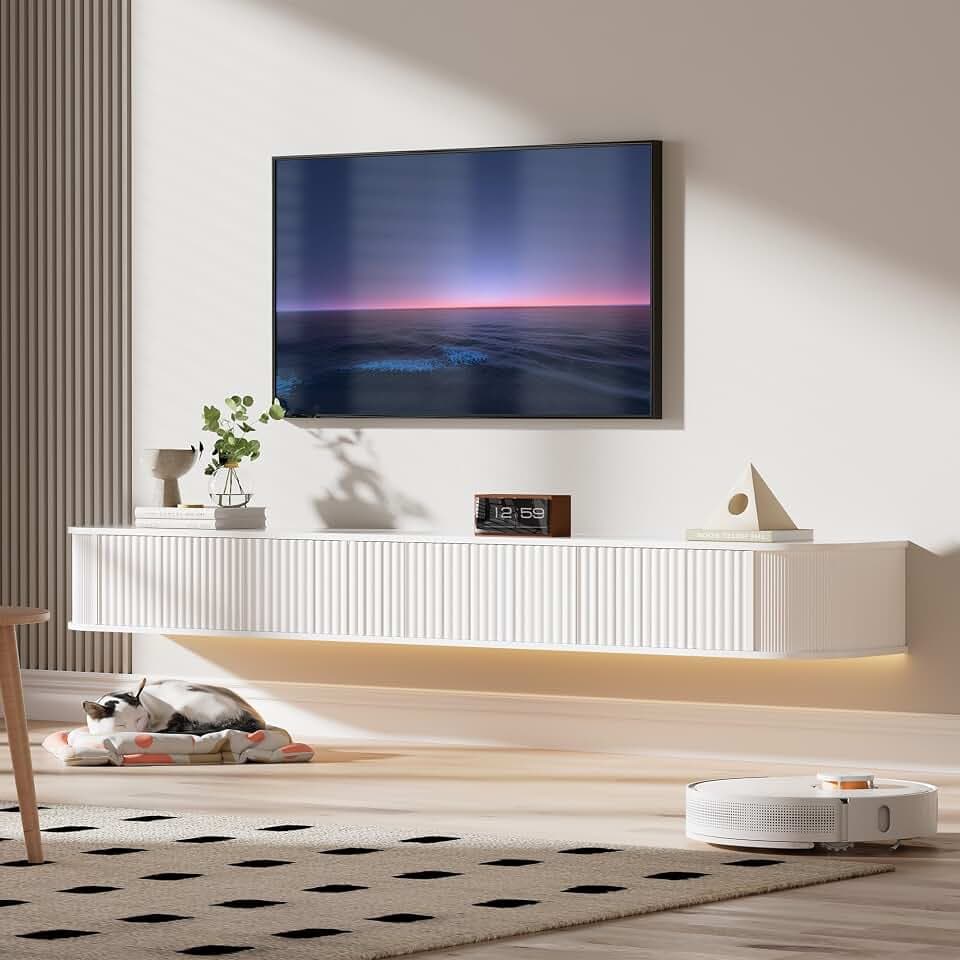 PURFINO Schwebender TV Schrank mit RGB-LED-Leuchten – 160CM Wandmontierter Fernsehschrank Weiss mit 31cm Tiefe und Verbessertem Stauraum, Moderne TV Unterschrank für 55-65 Zoll Fernseher
